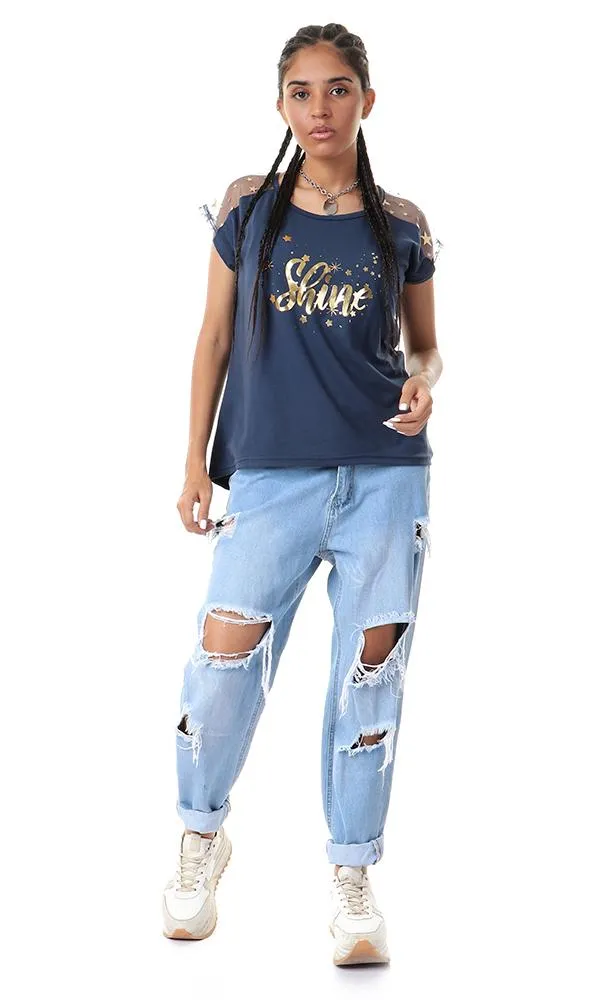93159 Cheer Shoulders Printed Navy Blue Cool Top