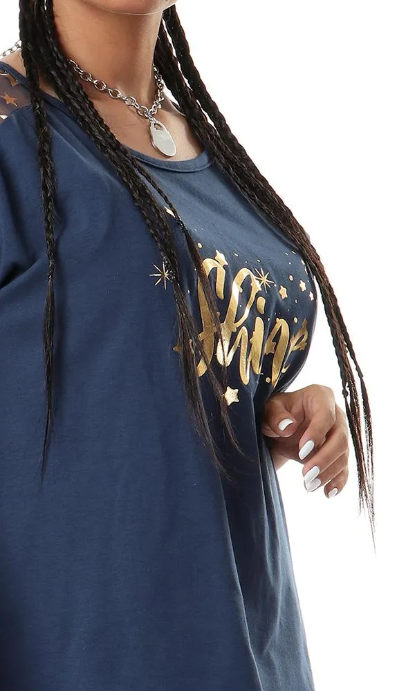 93159 Cheer Shoulders Printed Navy Blue Cool Top