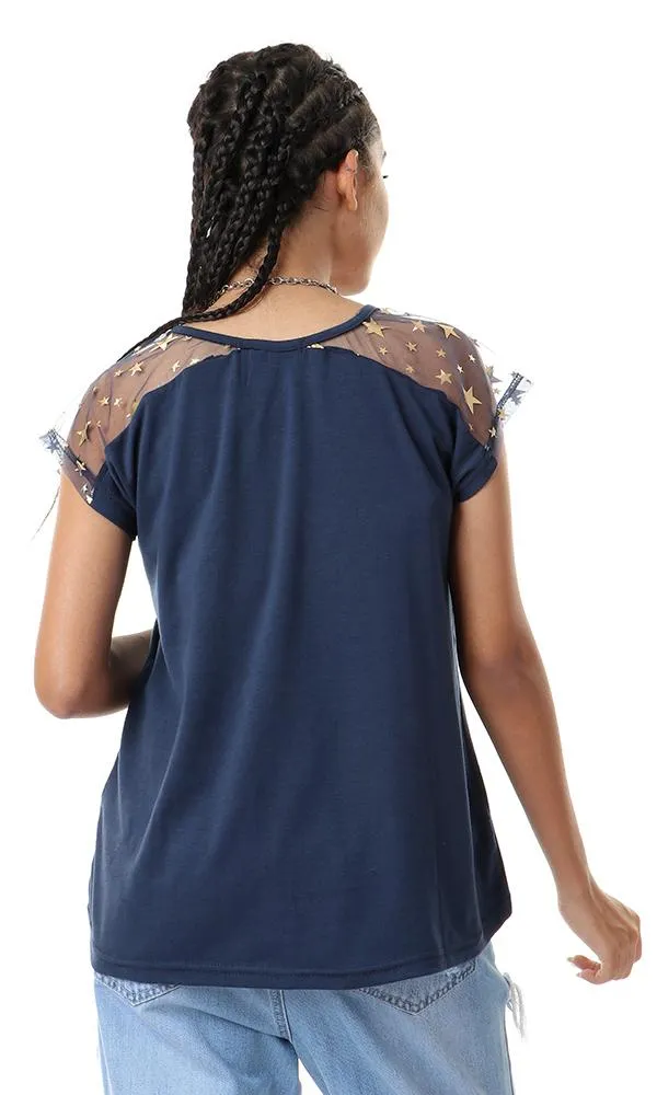 93159 Cheer Shoulders Printed Navy Blue Cool Top