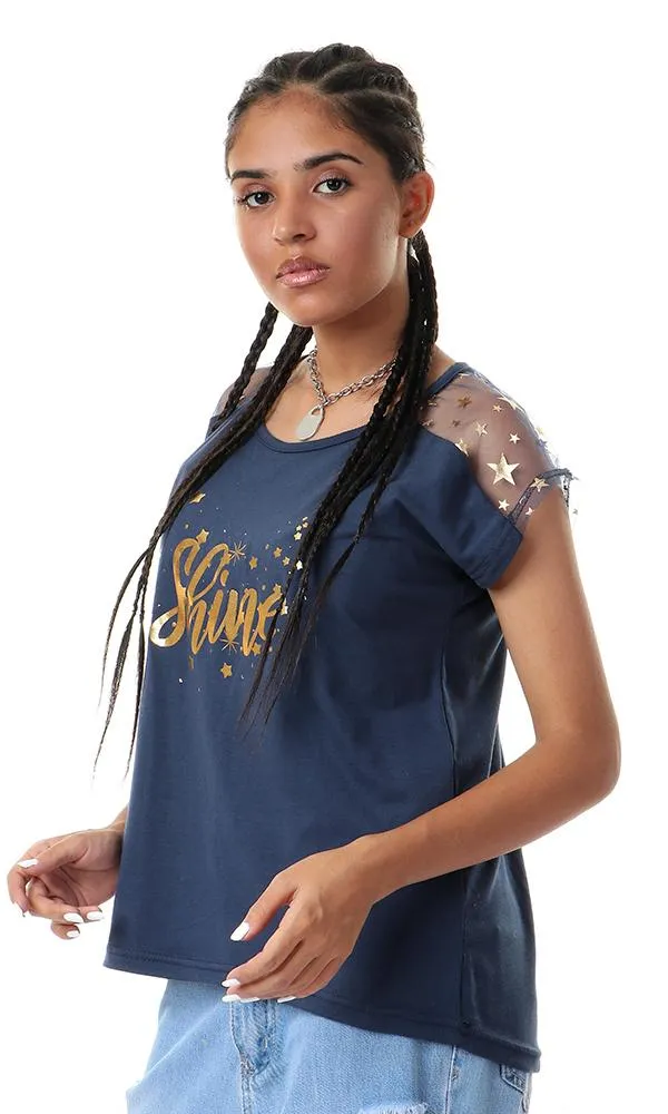 93159 Cheer Shoulders Printed Navy Blue Cool Top