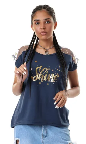 93159 Cheer Shoulders Printed Navy Blue Cool Top