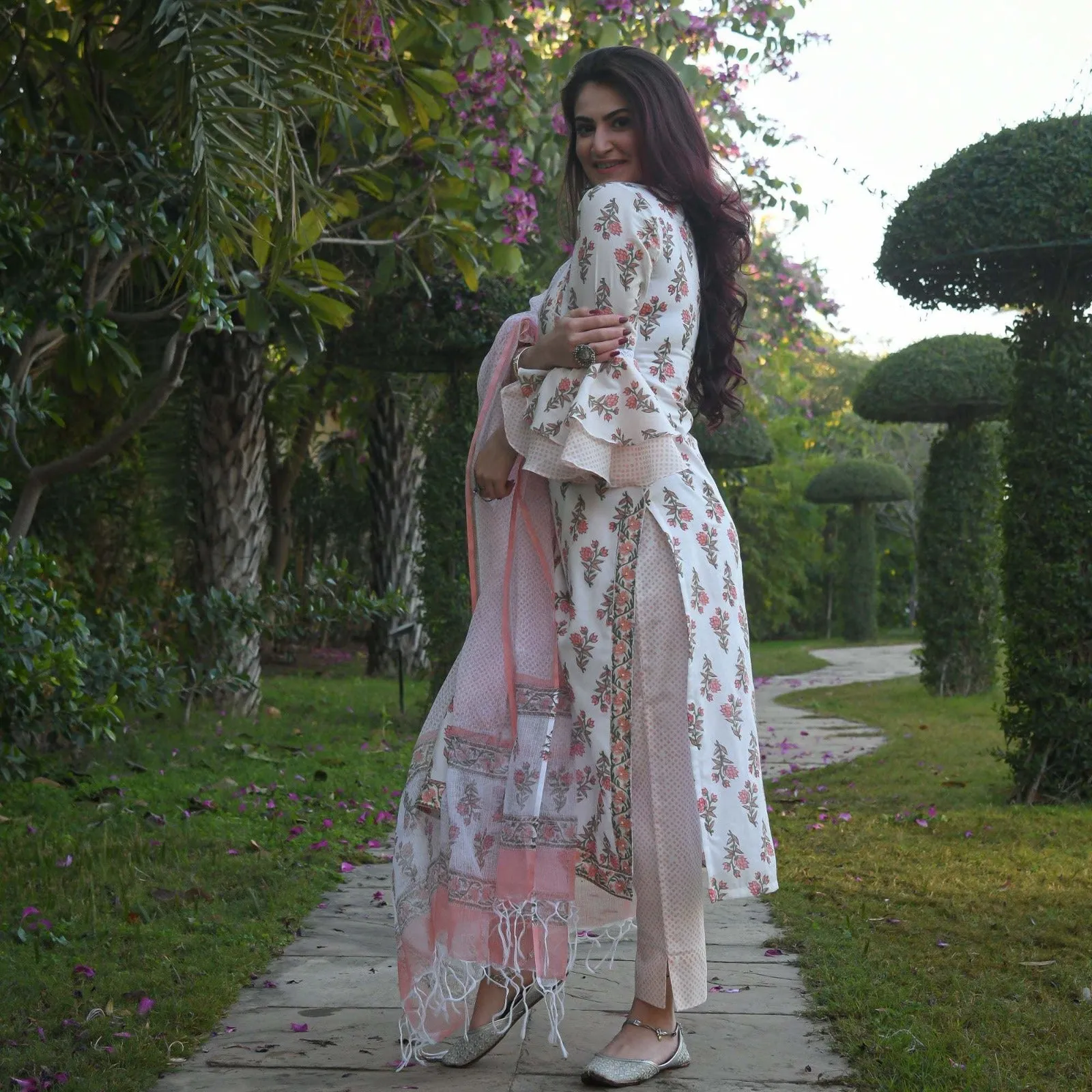 Beautiful Designer Women Chaaya White Floral Printed Kurti Pant with Dupatta