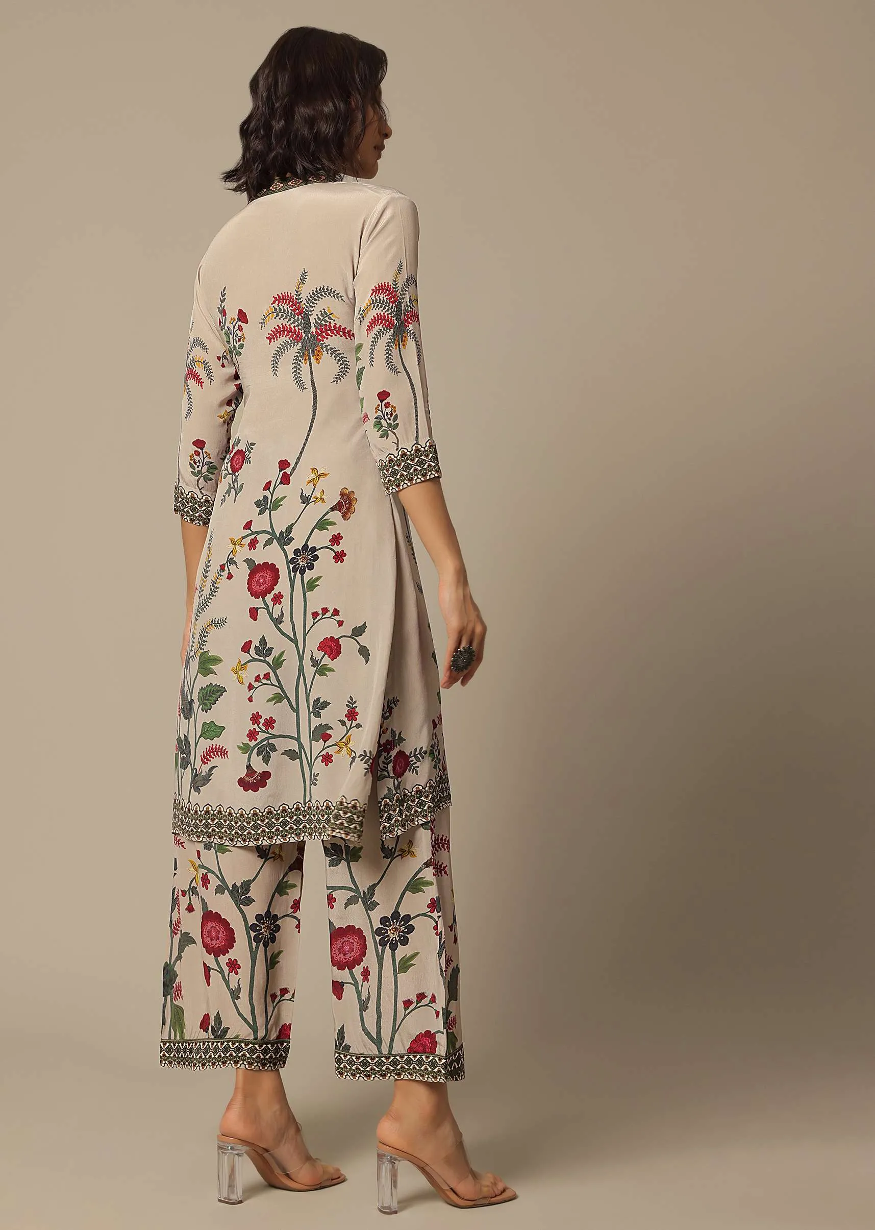 Beige Floral Print Pant Set With Sequin Work