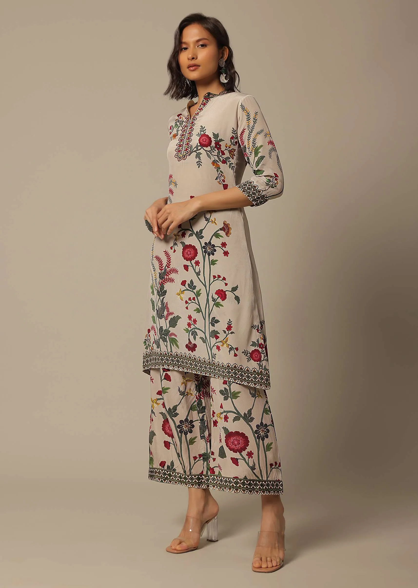Beige Floral Print Pant Set With Sequin Work