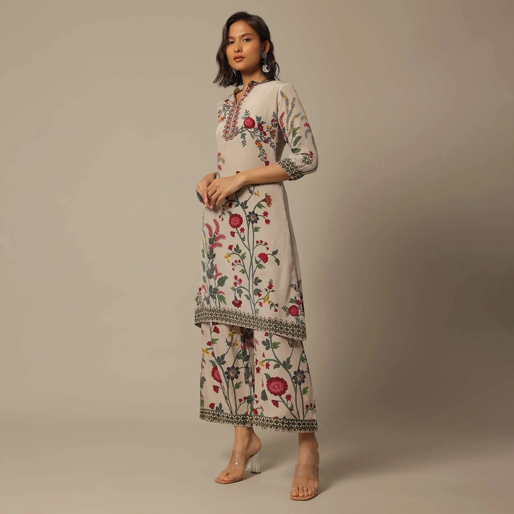 Beige Floral Print Pant Set With Sequin Work