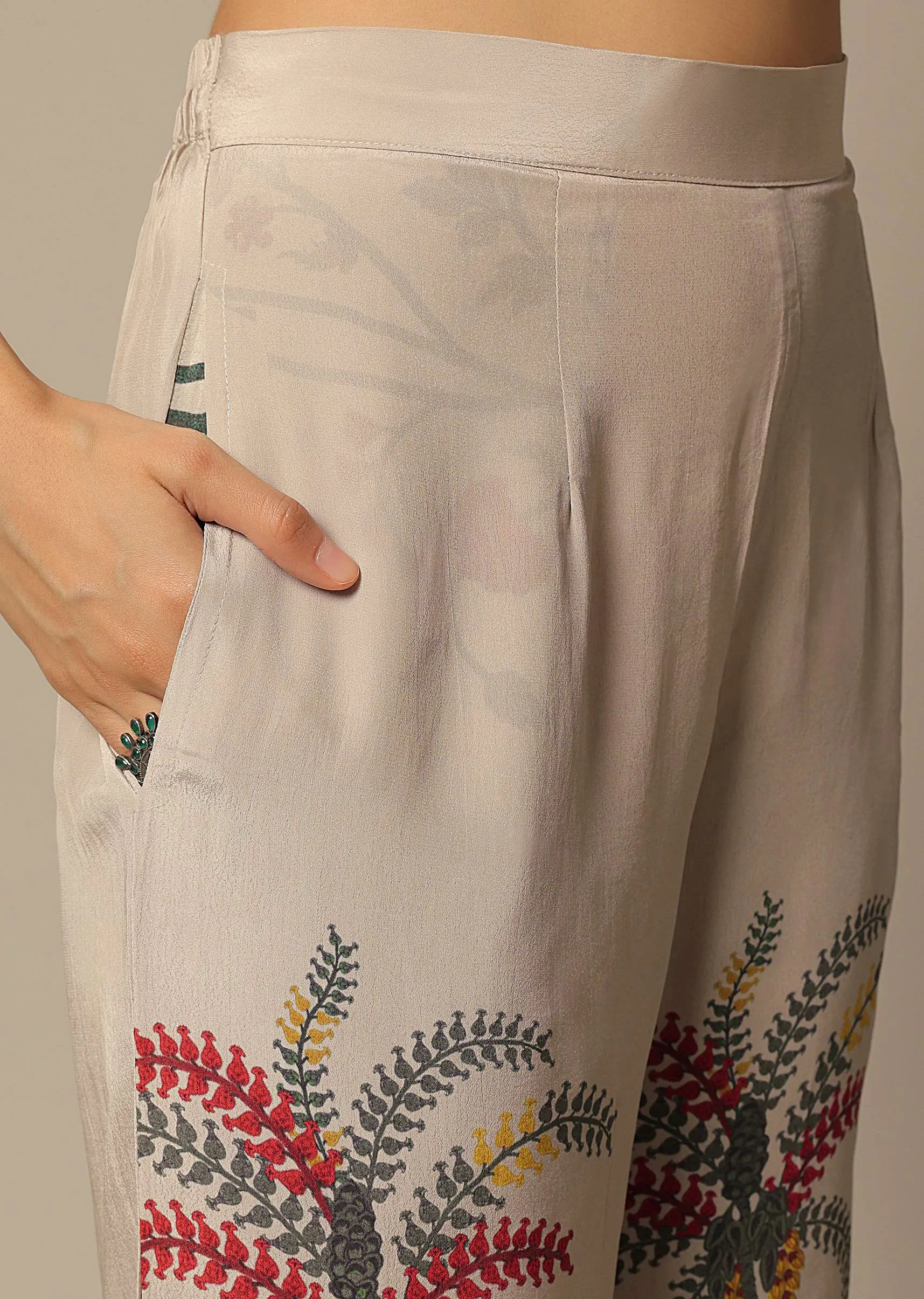 Beige Floral Print Pant Set With Sequin Work