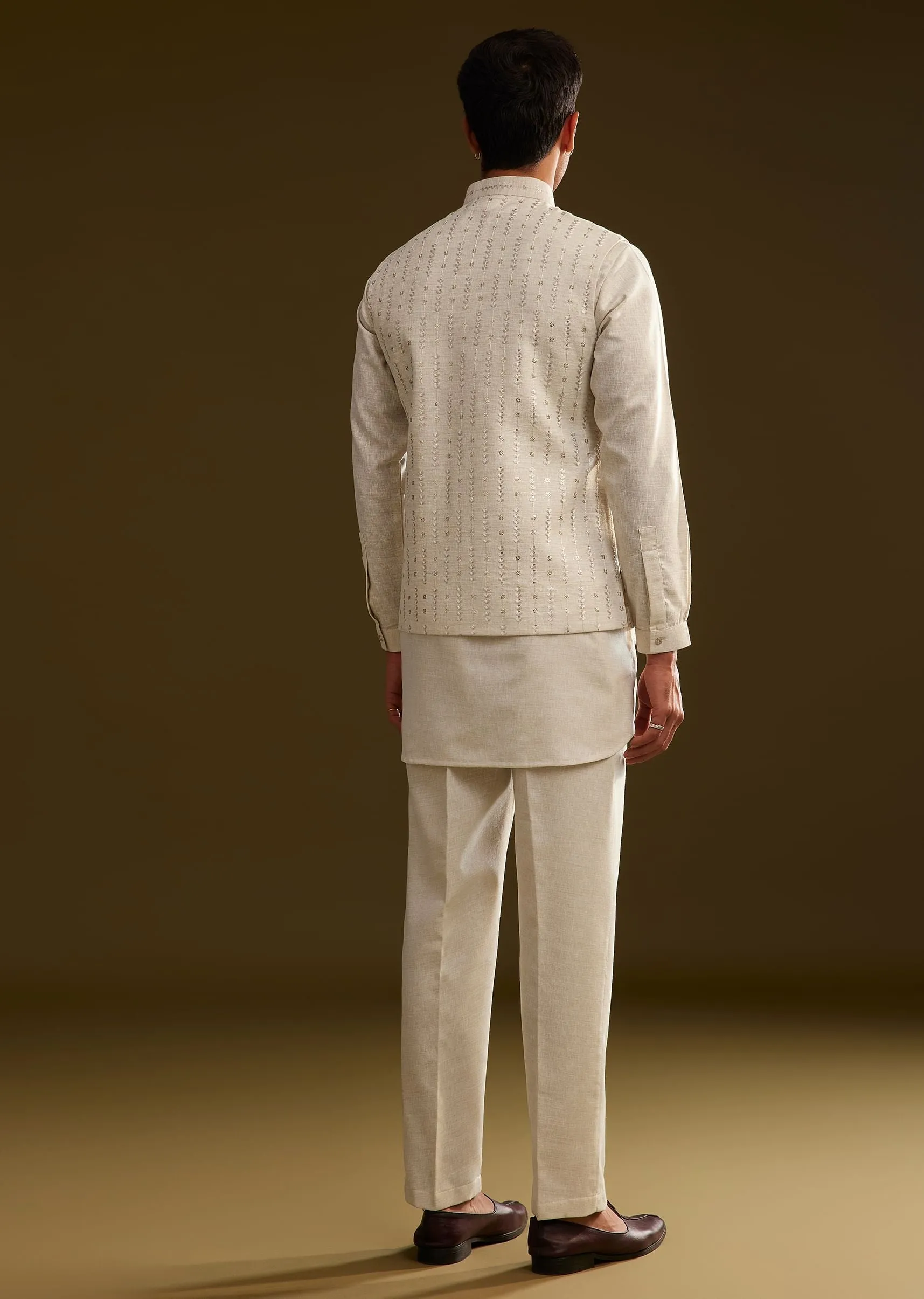 Beige Jacket Kurta Set With Resham And Sequins Work