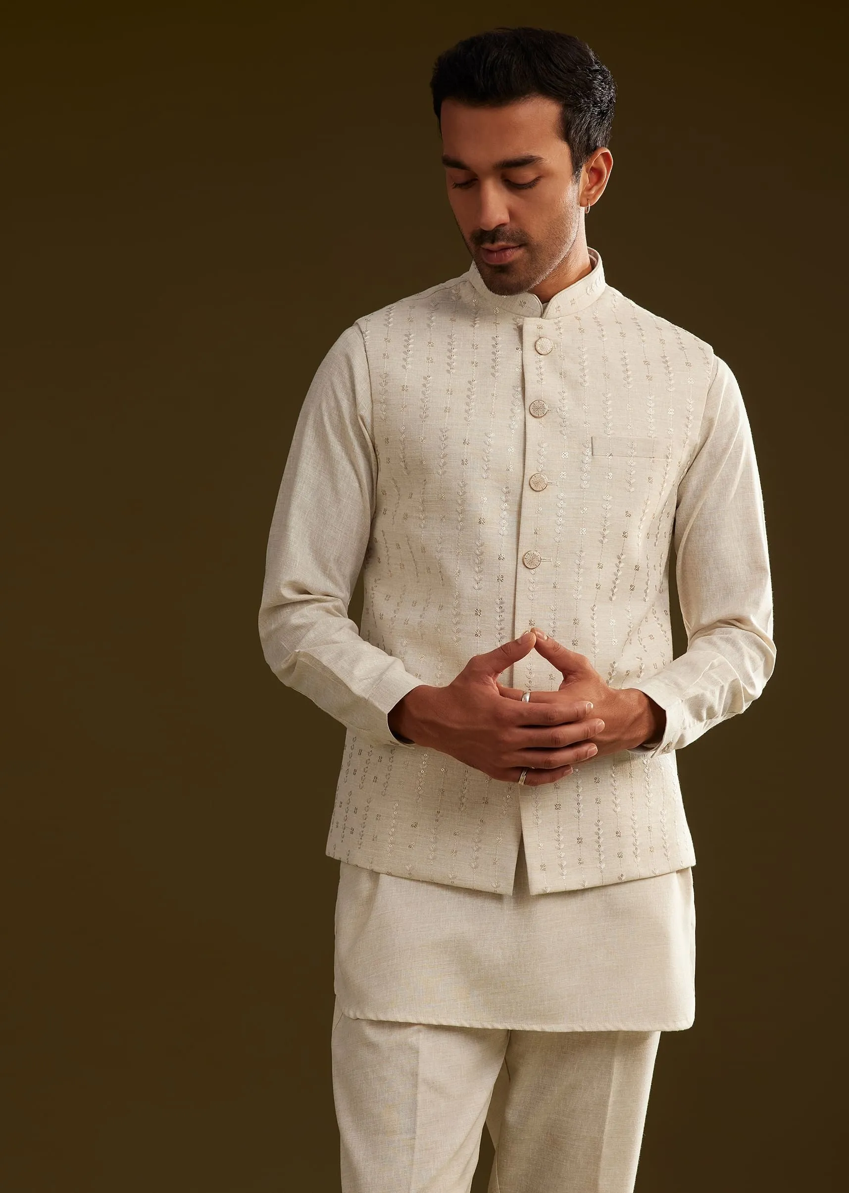 Beige Jacket Kurta Set With Resham And Sequins Work