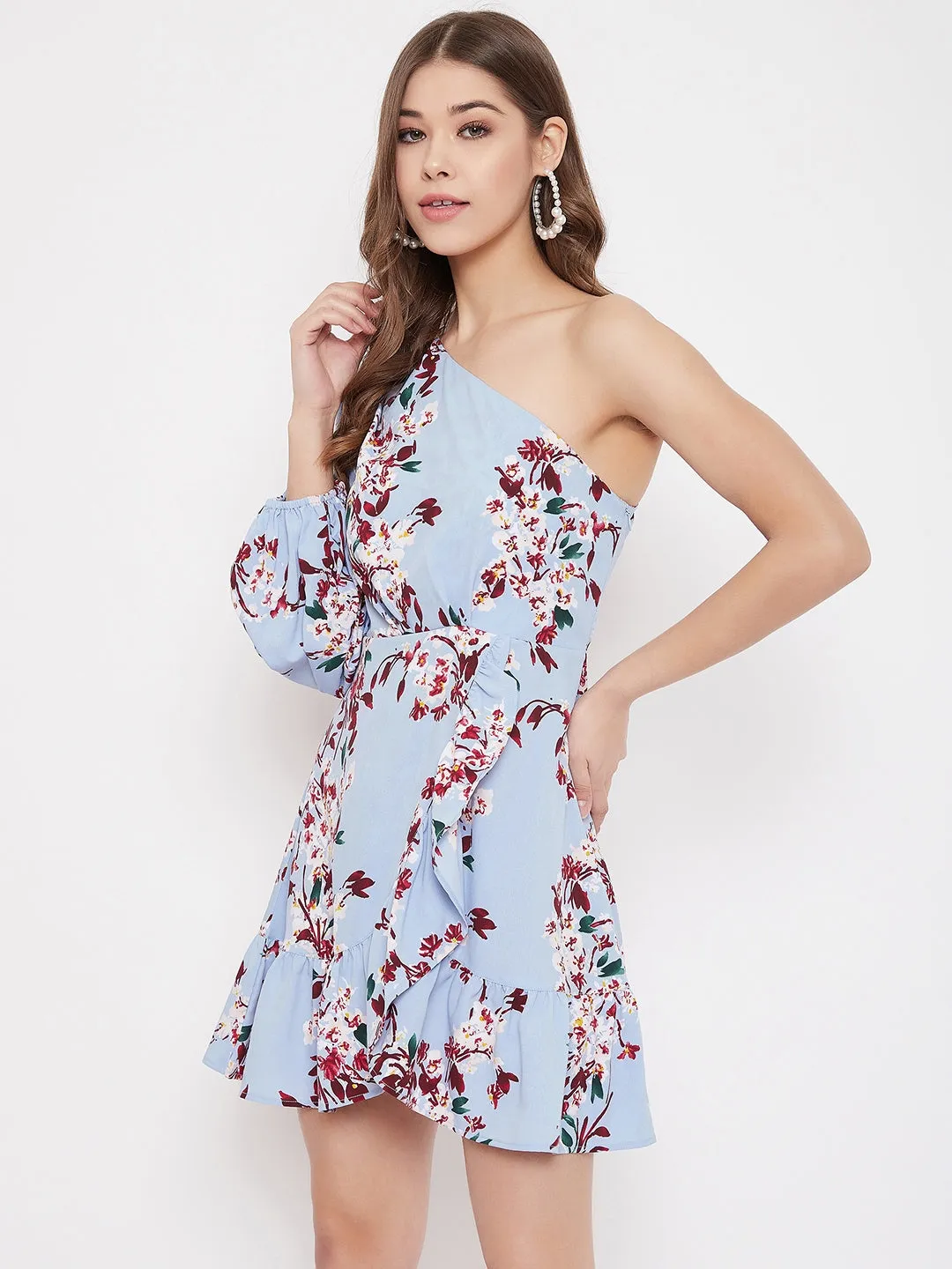 Berrylush Women Blue Floral Printed One Shoulder Mini Dress