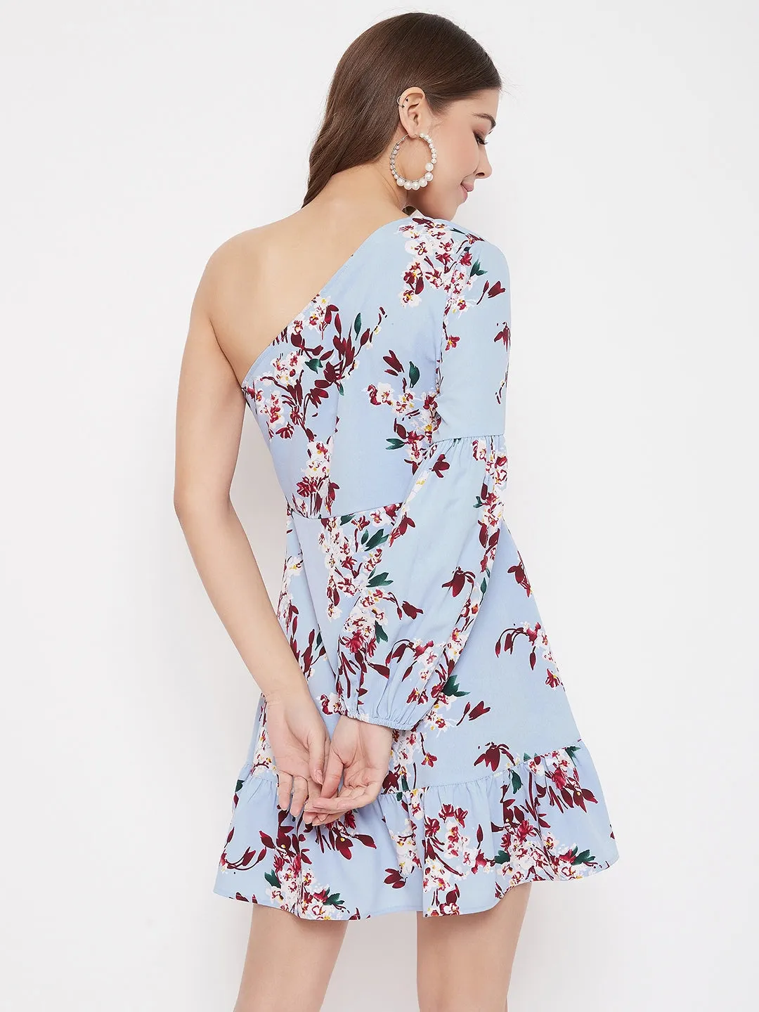 Berrylush Women Blue Floral Printed One Shoulder Mini Dress
