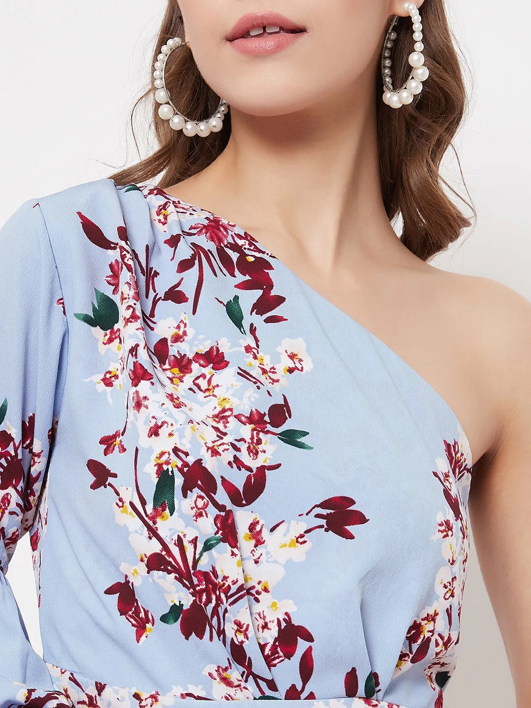 Berrylush Women Blue Floral Printed One Shoulder Mini Dress