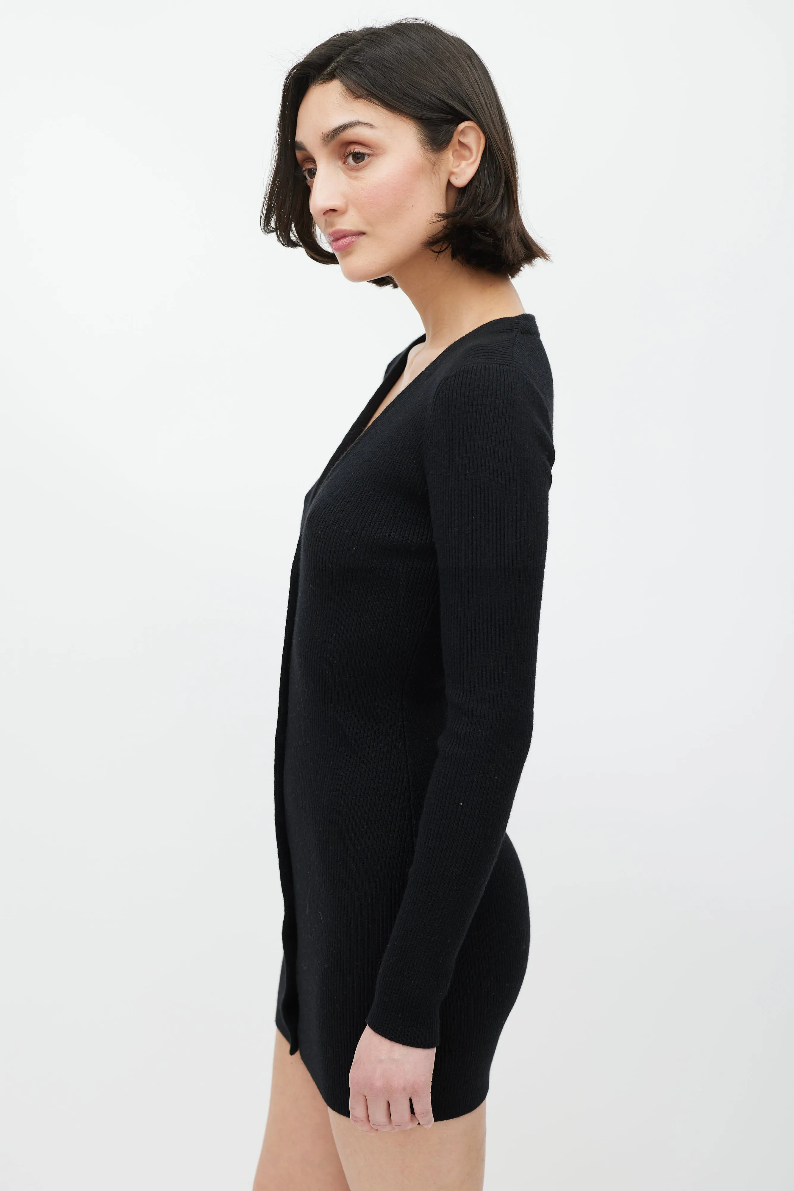 Black Wool Ribbed Cardigan