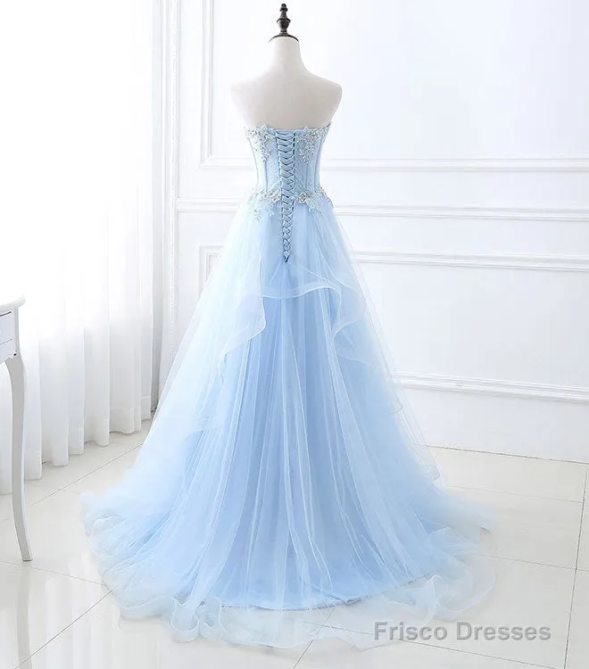 Blue Long Prom Dresses, Aline Sweetheart Neck Blue Formal Graduation Dresses