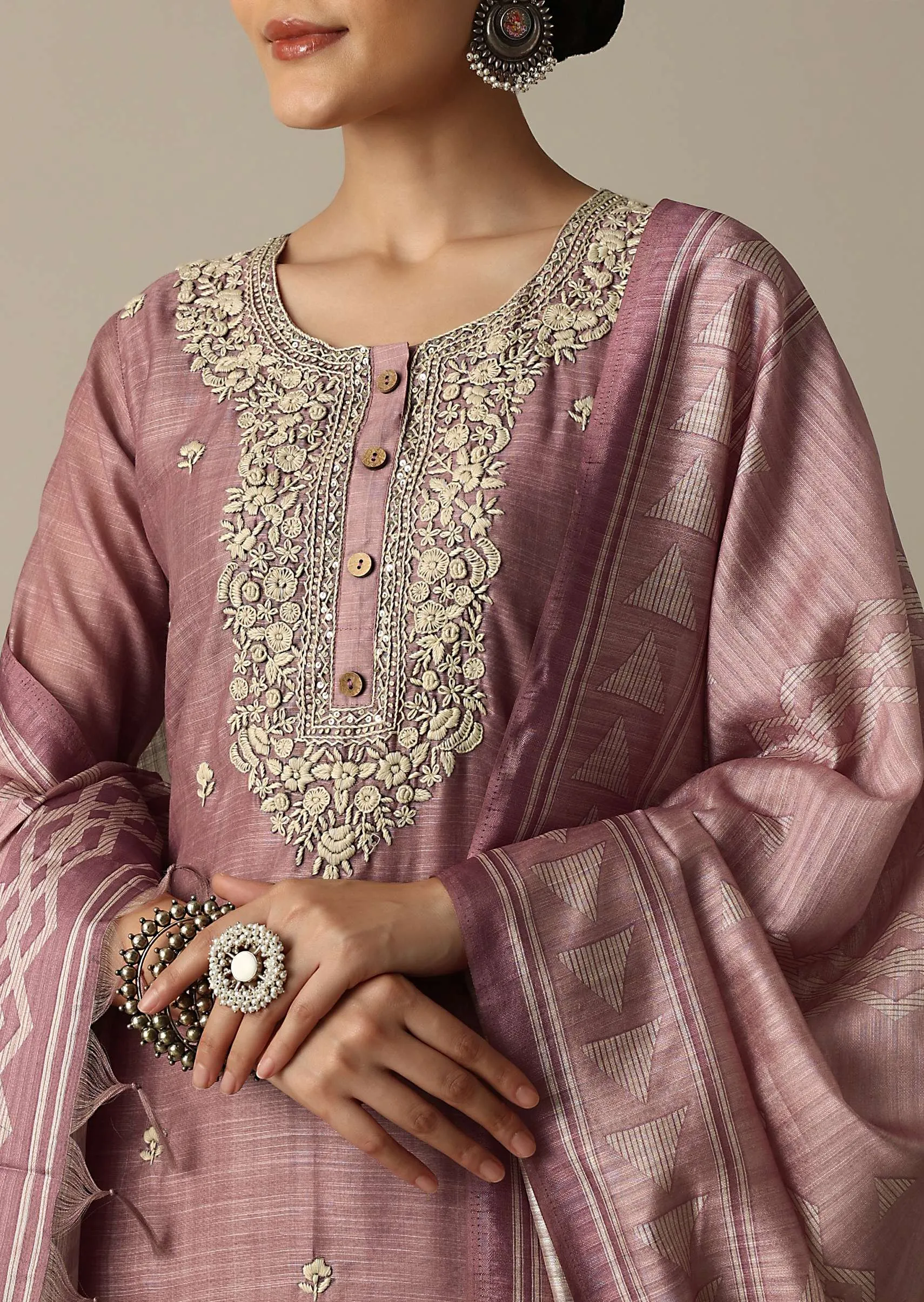 Blush Pink Cotton Silk Thread Work Kurti Pant Set