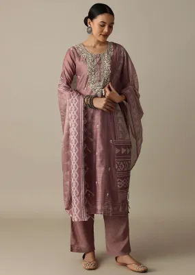 Blush Pink Cotton Silk Thread Work Kurti Pant Set