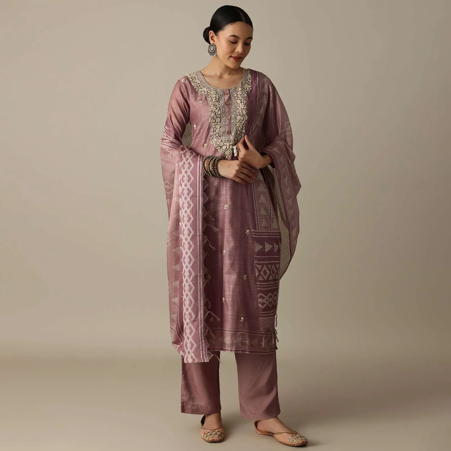 Blush Pink Cotton Silk Thread Work Kurti Pant Set