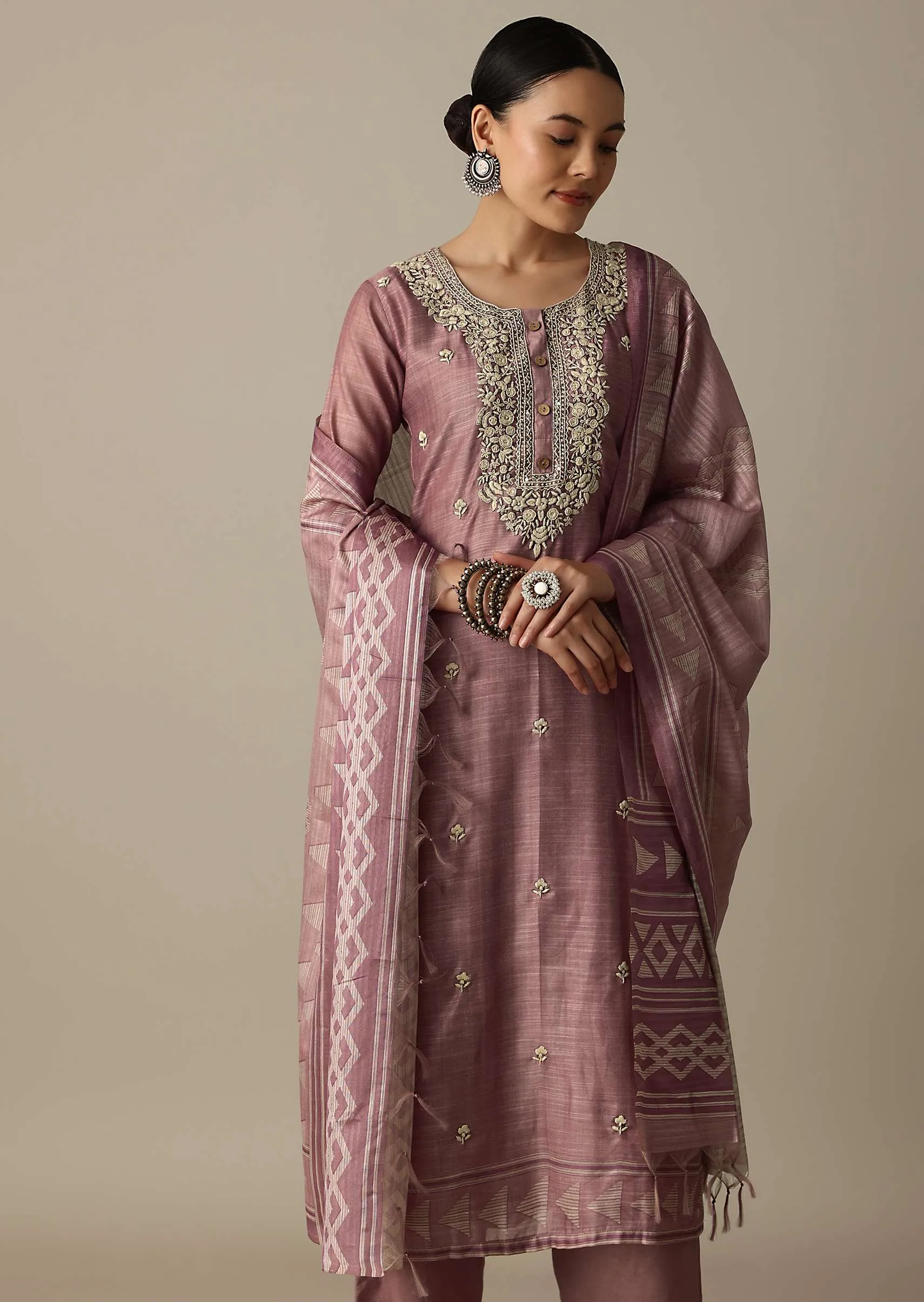 Blush Pink Cotton Silk Thread Work Kurti Pant Set
