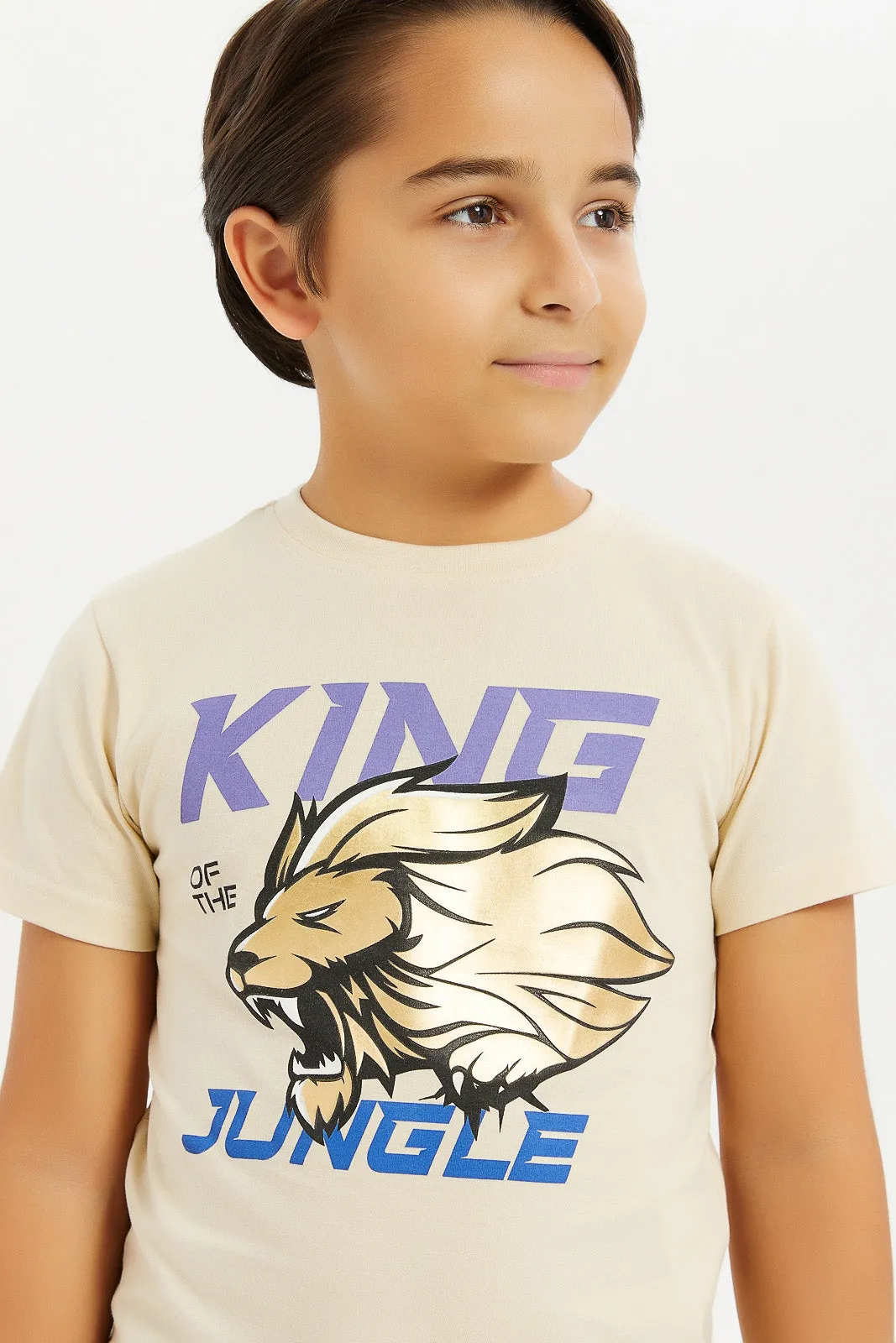 Boys Beige Lion Print T-Shirt