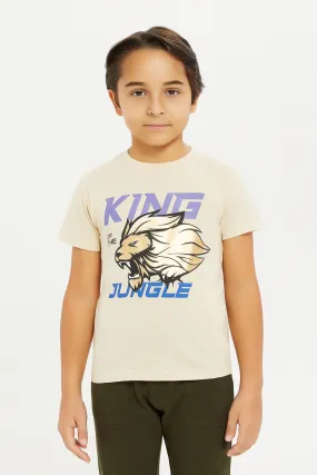 Boys Beige Lion Print T-Shirt