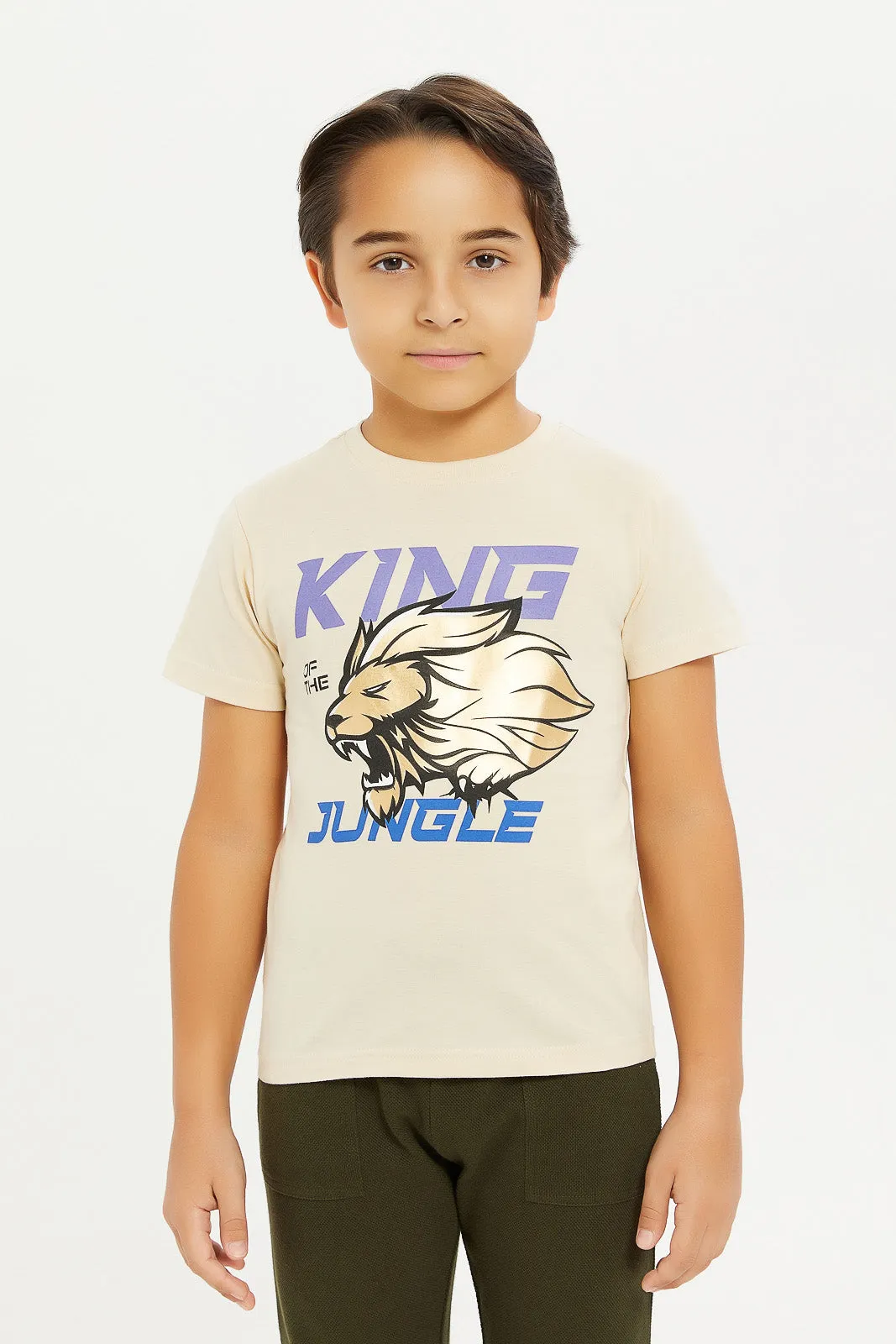 Boys Beige Lion Print T-Shirt