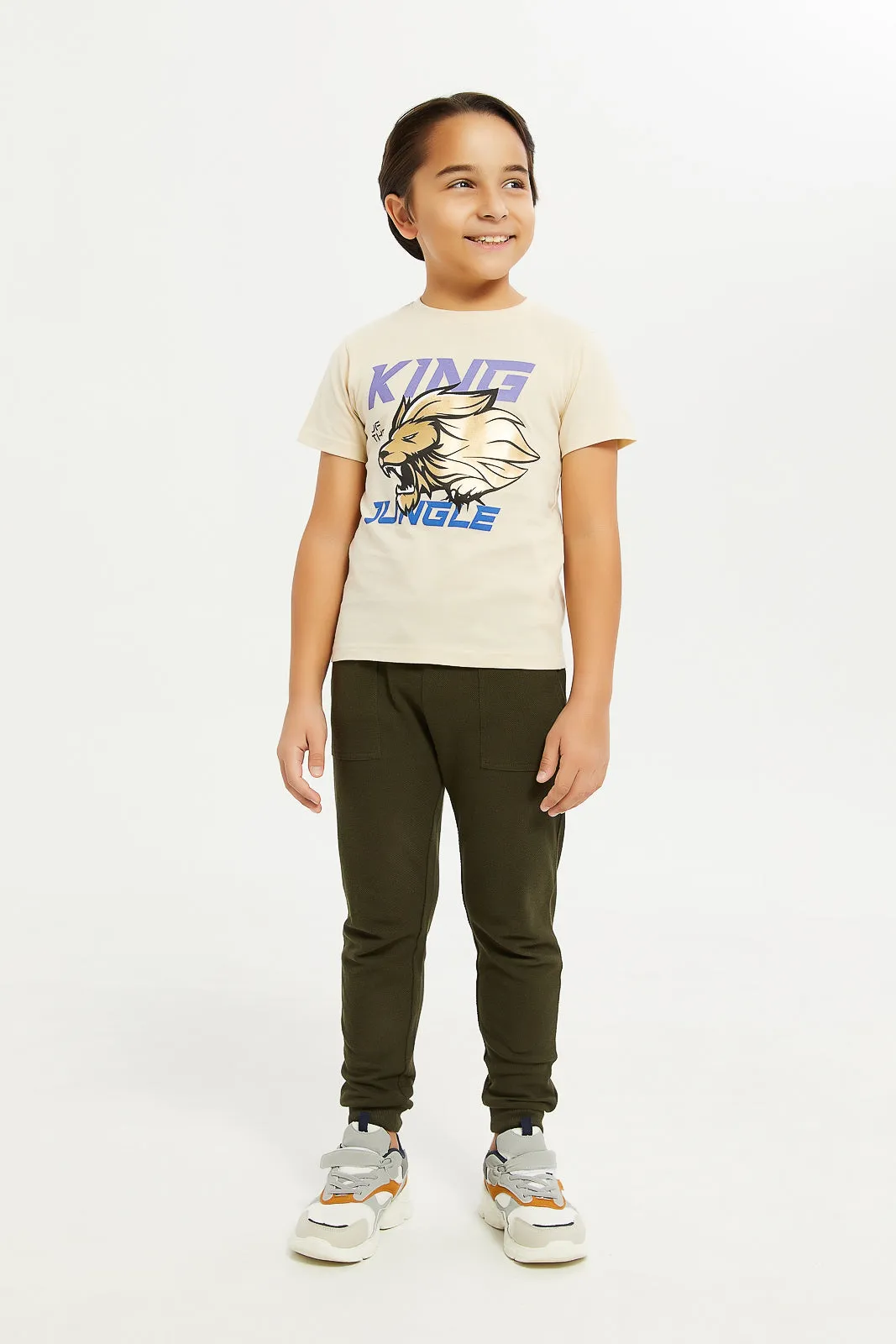 Boys Beige Lion Print T-Shirt