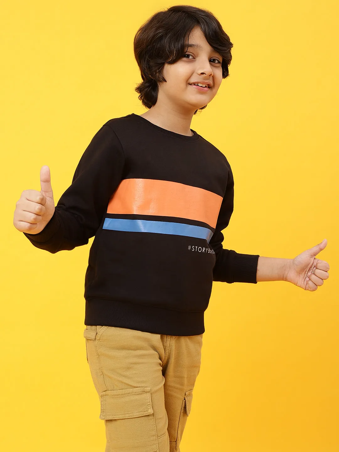 Boys Black Poly Cotton Printed Sweatshirt
