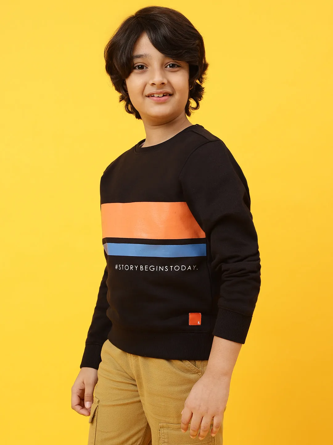 Boys Black Poly Cotton Printed Sweatshirt