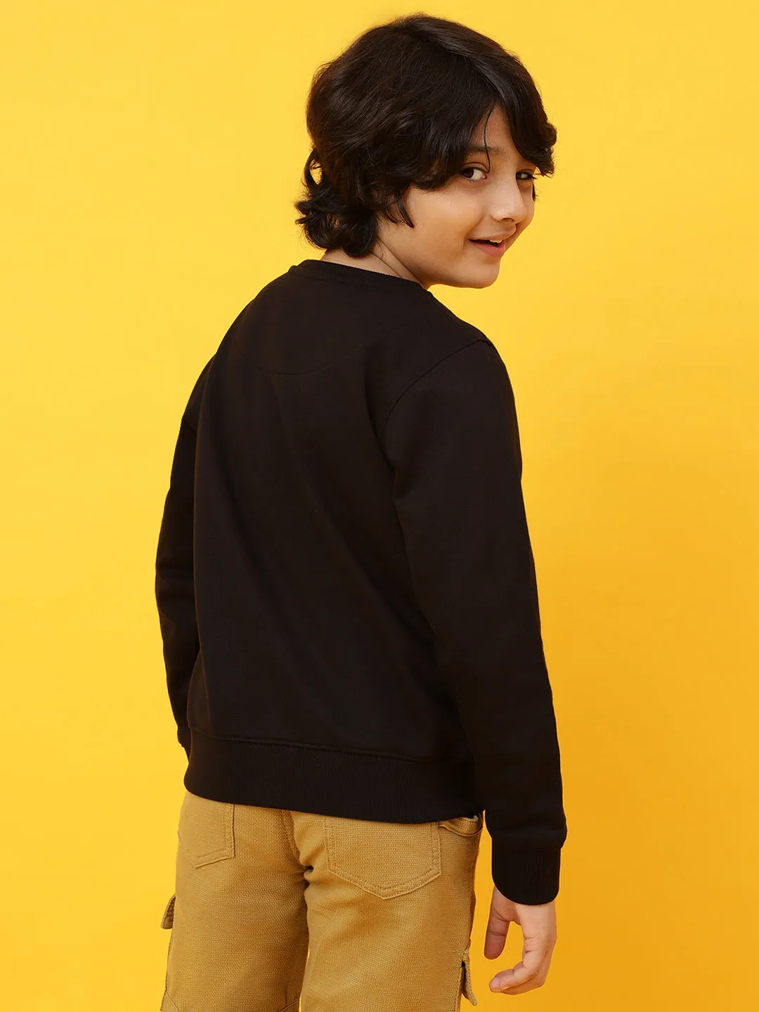 Boys Black Poly Cotton Printed Sweatshirt