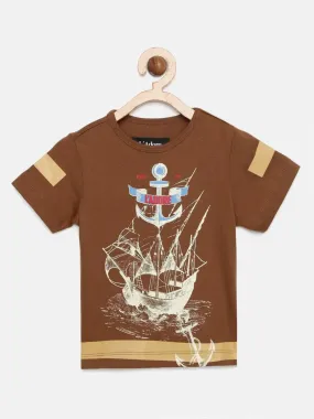 Brown Sailboat Printed Crew Neck Cotton T-shirt