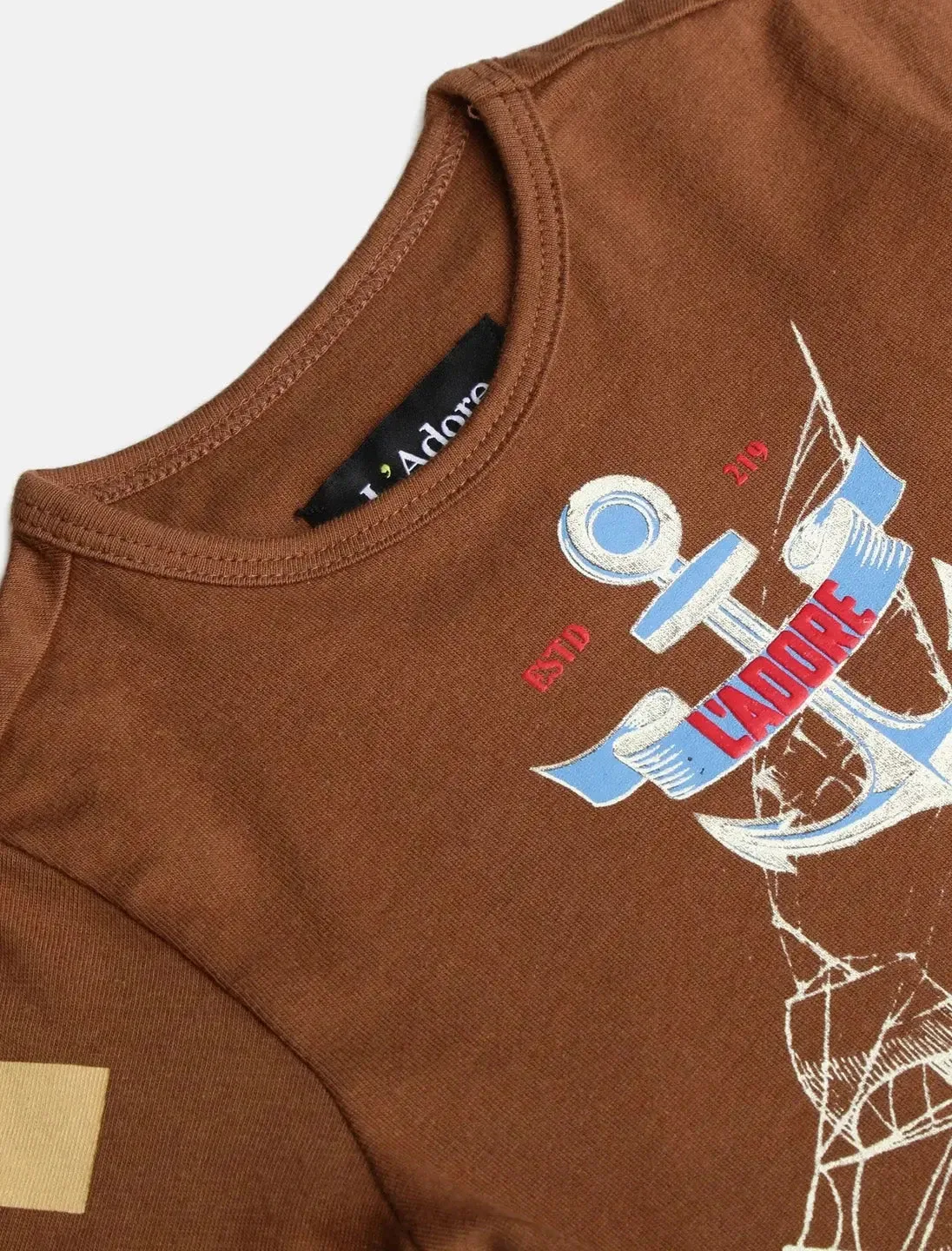 Brown Sailboat Printed Crew Neck Cotton T-shirt