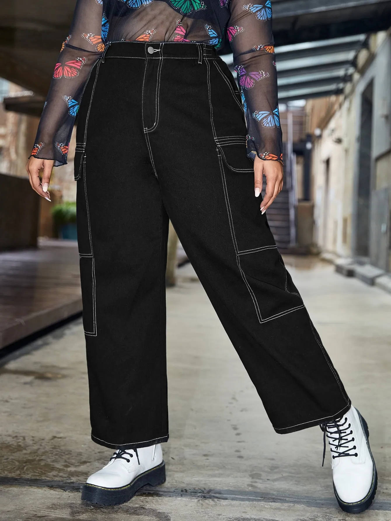 Button Front High Waist Long Plus Size Jeans