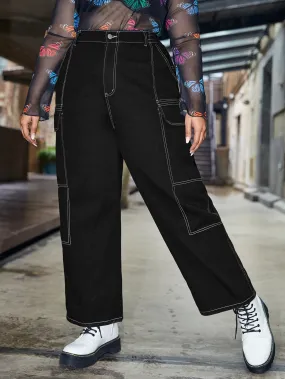 Button Front High Waist Long Plus Size Jeans
