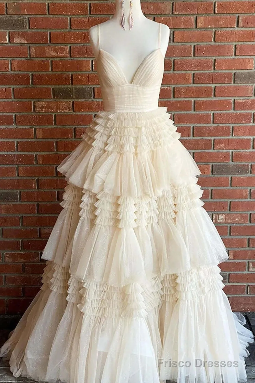 Cheap  Prom Dresses Sequin Tulle V Neck Ruffles Formal Dresses Long