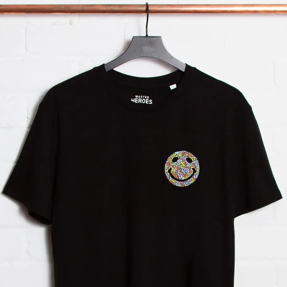 Black Crest Doodle Smiley T-Shirt with Graphic Design