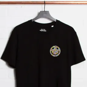 Black Crest Doodle Smiley T-Shirt with Graphic Design