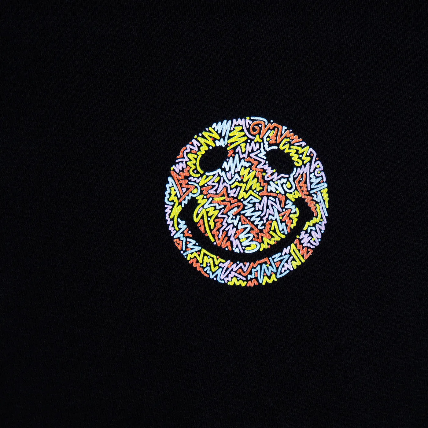 Black Crest Doodle Smiley T-Shirt with Graphic Design