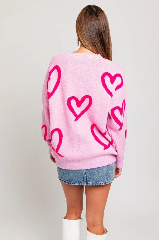 Cute Long Sleeve Round Neck Heart Pattern Sweater