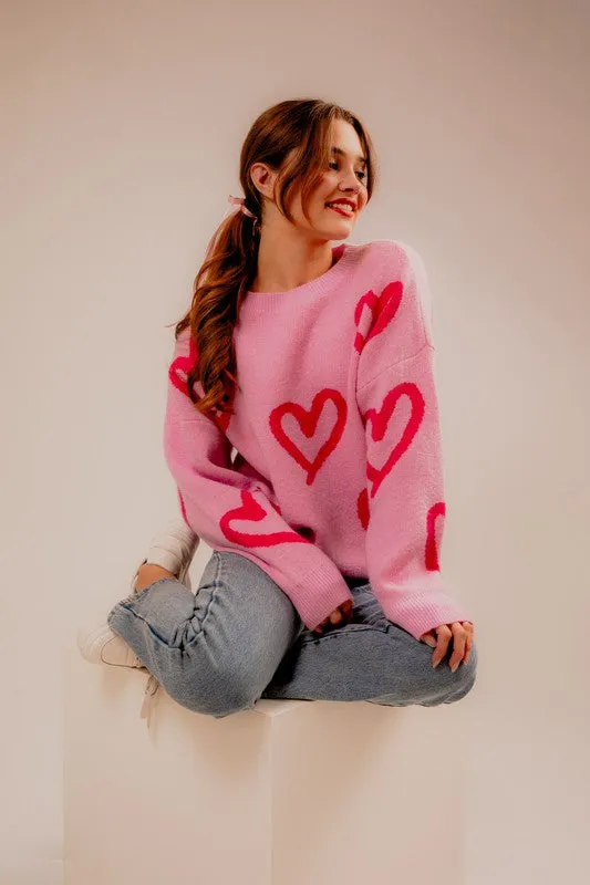 Cute Long Sleeve Round Neck Heart Pattern Sweater