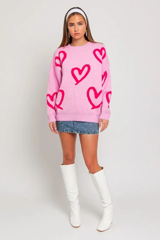 Cute Long Sleeve Round Neck Heart Pattern Sweater