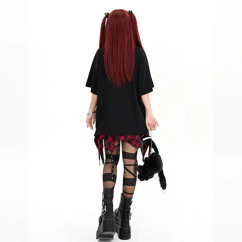 Dark Punk Style Black And Red Plaid Irregular Skirt