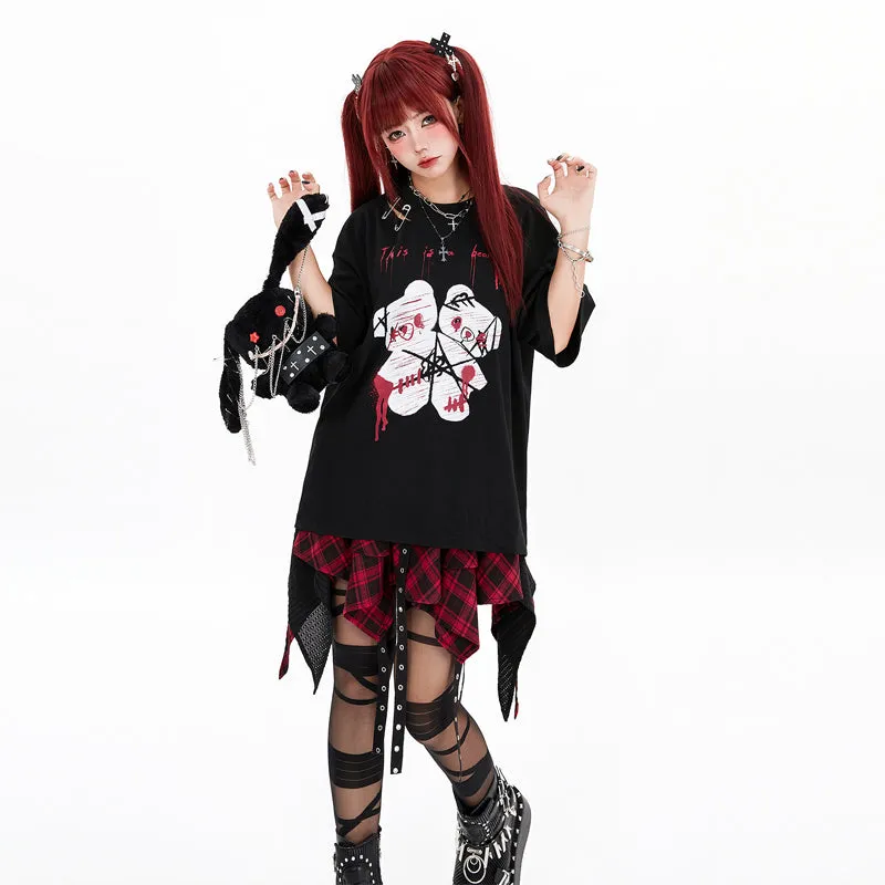Dark Punk Style Black And Red Plaid Irregular Skirt