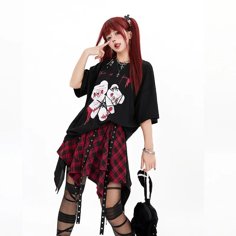 Dark Punk Style Black And Red Plaid Irregular Skirt