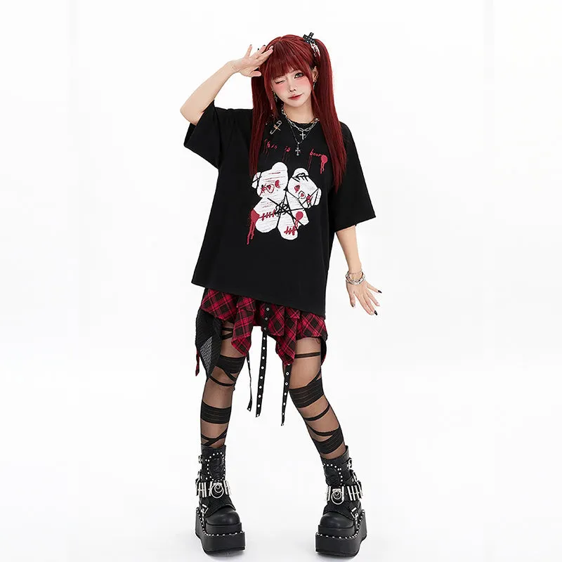 Dark Punk Style Black And Red Plaid Irregular Skirt