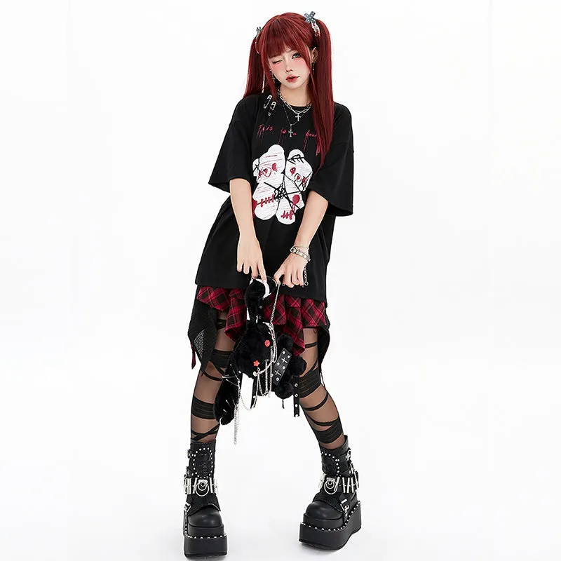 Dark Punk Style Black And Red Plaid Irregular Skirt