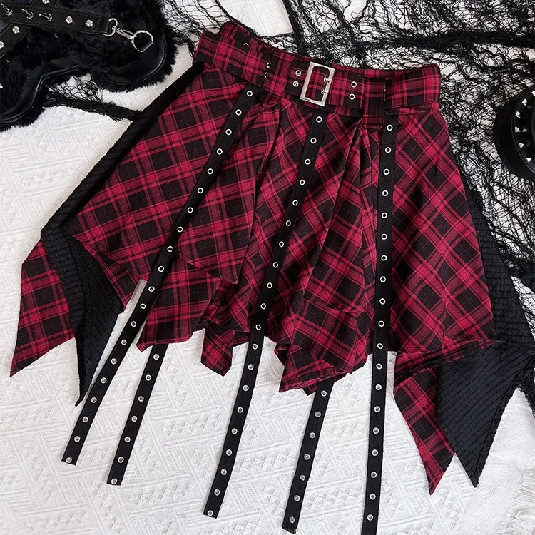 Dark Punk Style Black And Red Plaid Irregular Skirt