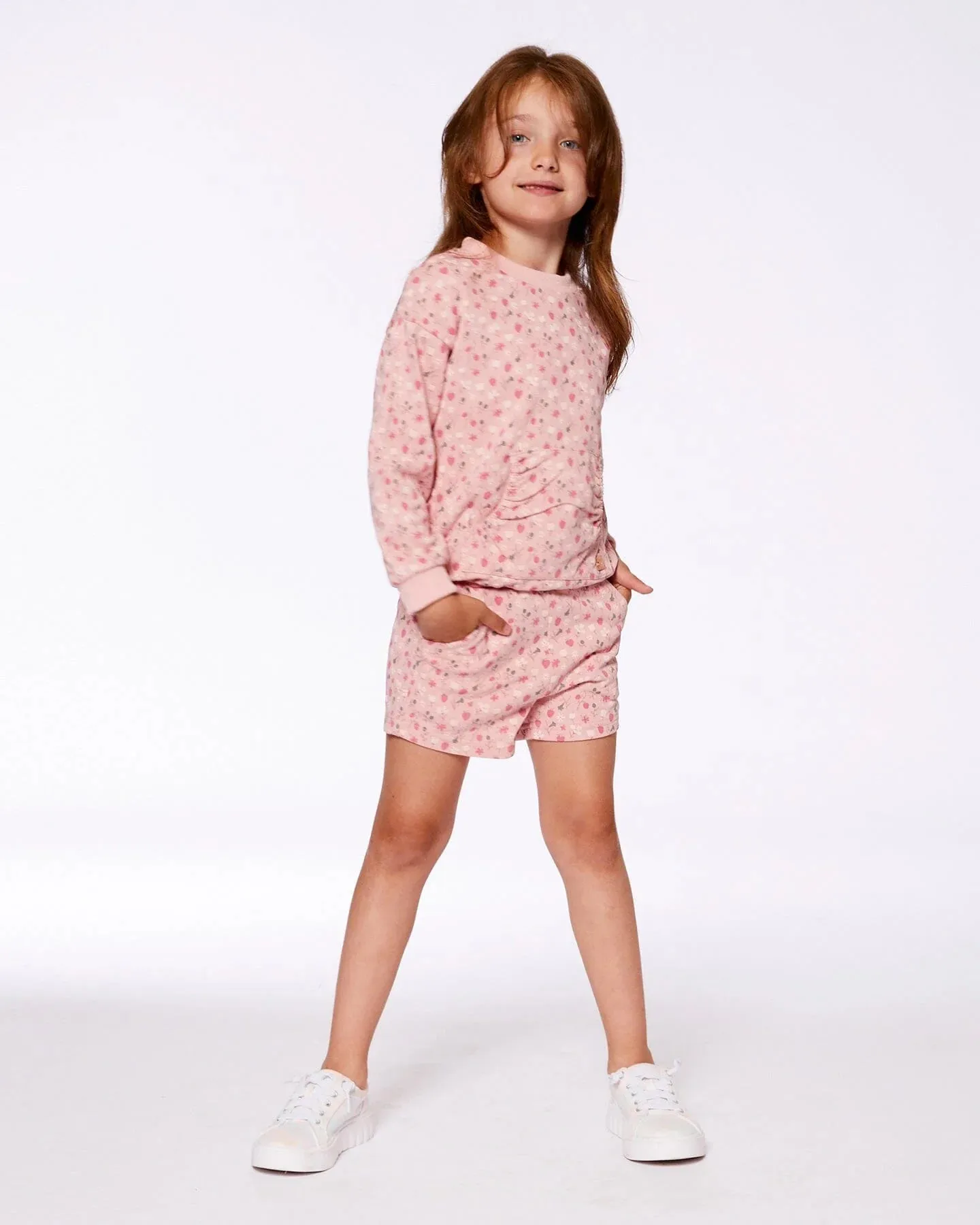 Deux Par Deux Girls Sweatershirt With Kangaroo   G30I30   Printed Strawberries Pink