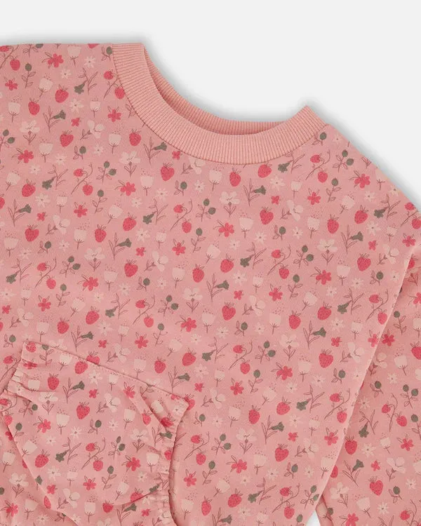 Deux Par Deux Girls Sweatershirt With Kangaroo   G30I30   Printed Strawberries Pink