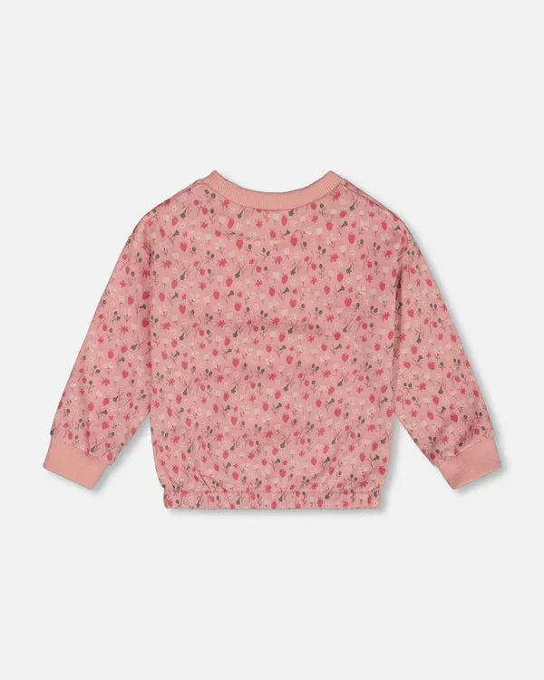 Deux Par Deux Girls Sweatershirt With Kangaroo   G30I30   Printed Strawberries Pink