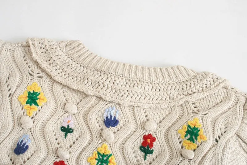 EMBROIDERY POMPOMS KNITTED CARDIGAN