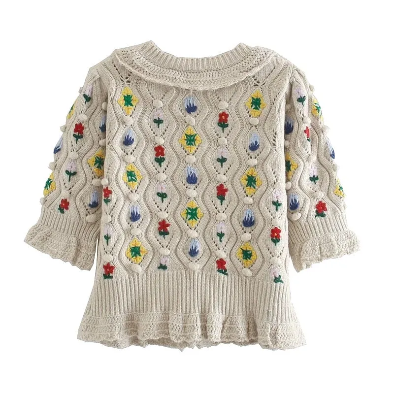 EMBROIDERY POMPOMS KNITTED CARDIGAN